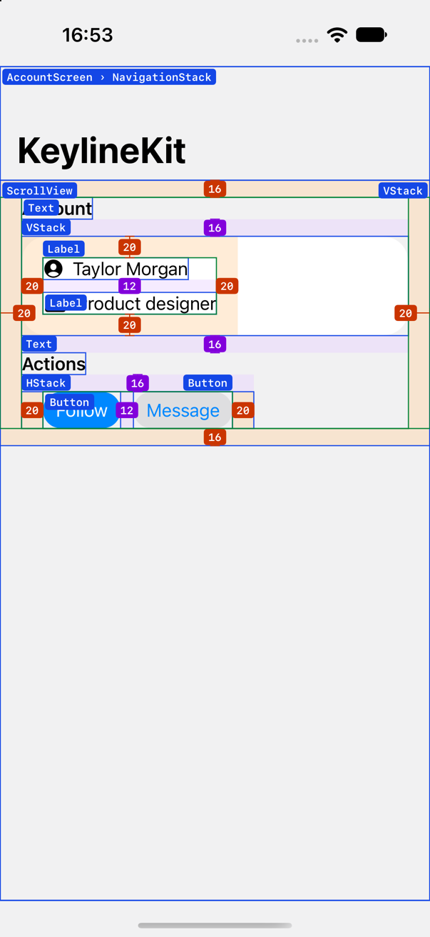 An account screen with every layer named, padding in orange and stack spacing in purple